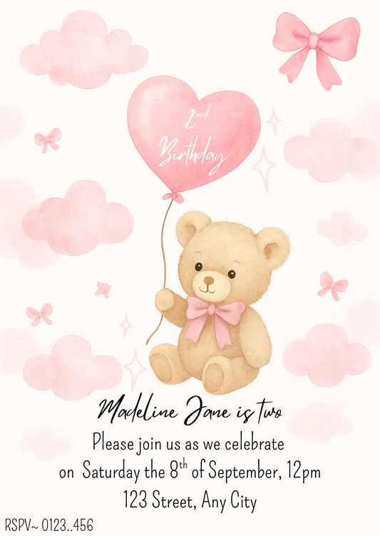 Pink Teddy Bear 2nd Birthday Invitation - Editable Canva Template | Digital Download
