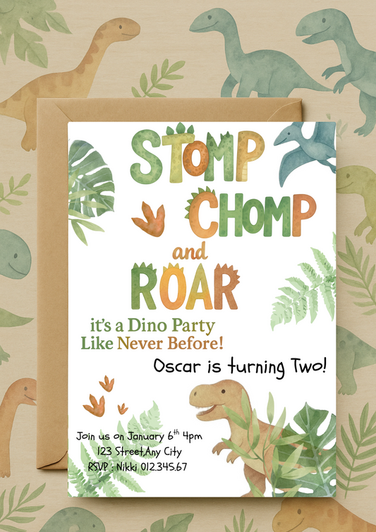 Stomp, Chomp & Roar Dinosaur Birthday Invitation - Editable Canva Template | Digital Download