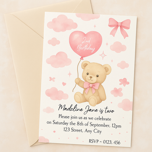 Pink Teddy Bear 2nd Birthday Invitation - Editable Canva Template | Digital Download