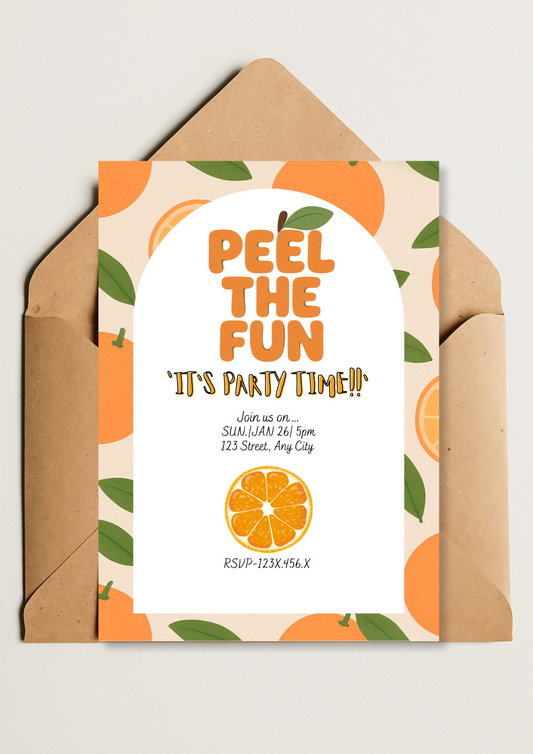 “Peel the Fun” Orange Themed Party Invitation - Editable Canva Template | Digital Download
