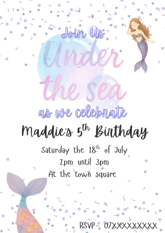 Mermaid Birthday Invitation - “Under the Sea” Theme - Editable Canva Template | Digital Download