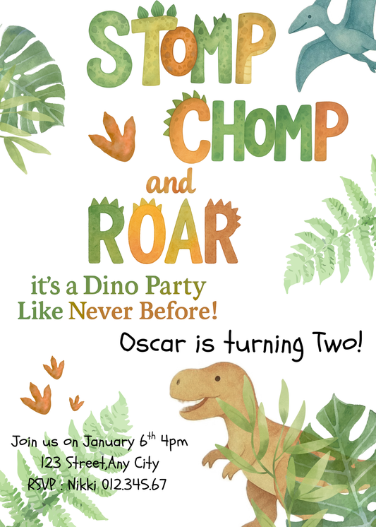 Stomp, Chomp & Roar Dinosaur Birthday Invitation - Editable Canva Template | Digital Download
