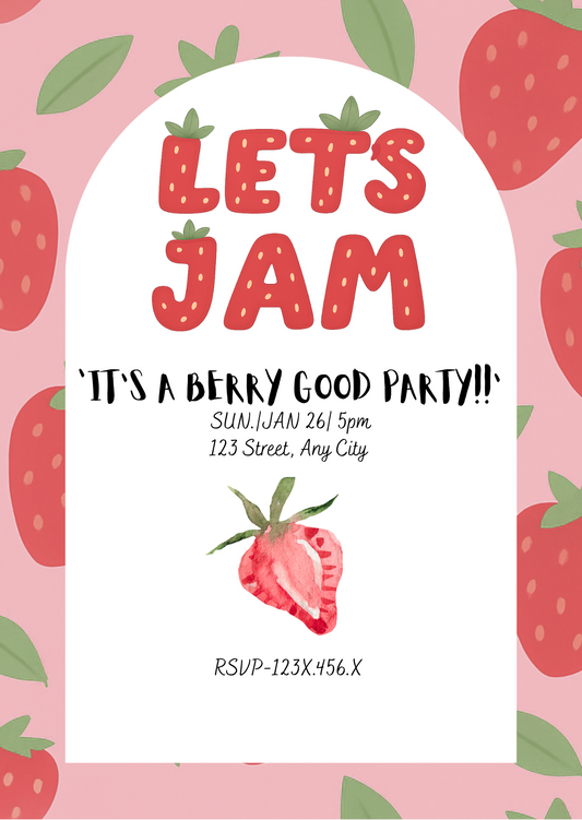 “Let’s Jam” Strawberry Party Invitation - Editable Canva Template | Digital Download