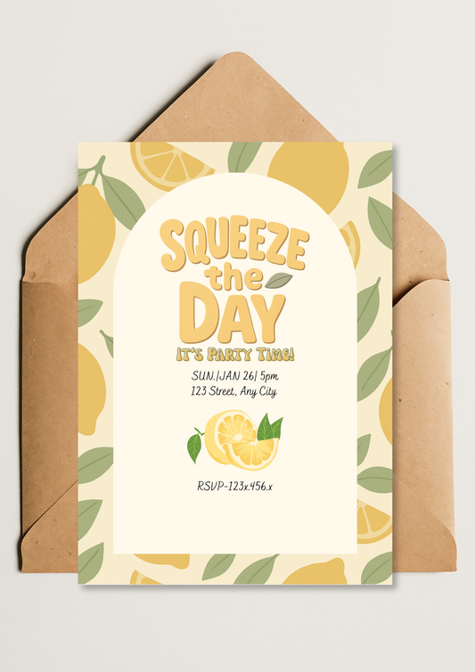 “Squeeze the Day” Lemon Party Invitation - Editable Canva Template | Digital Download