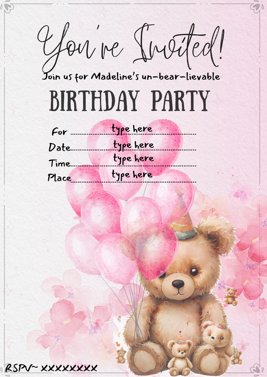 Editable Teddy Bear Birthday Invitation | Pink Girl’s Party Invite Template | Instant Download | Canva Editable