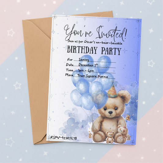 Editable Teddy Bear Birthday Invitation | Blue Boy’s Party Invite Template | Instant Download | Canva Editable