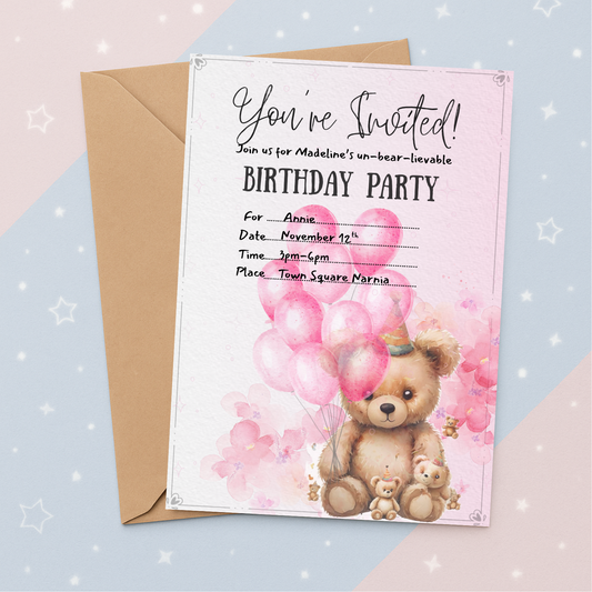 Editable Teddy Bear Birthday Invitation | Pink Girl’s Party Invite Template | Instant Download | Canva Editable