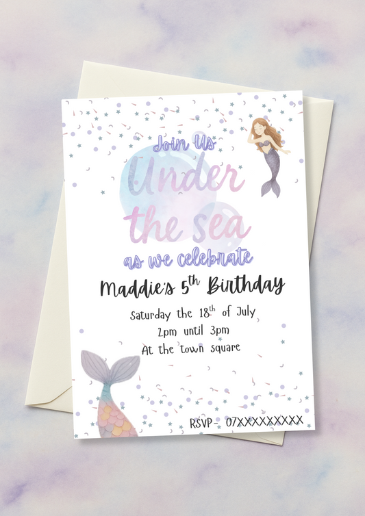 Mermaid Birthday Invitation - “Under the Sea” Theme - Editable Canva Template | Digital Download